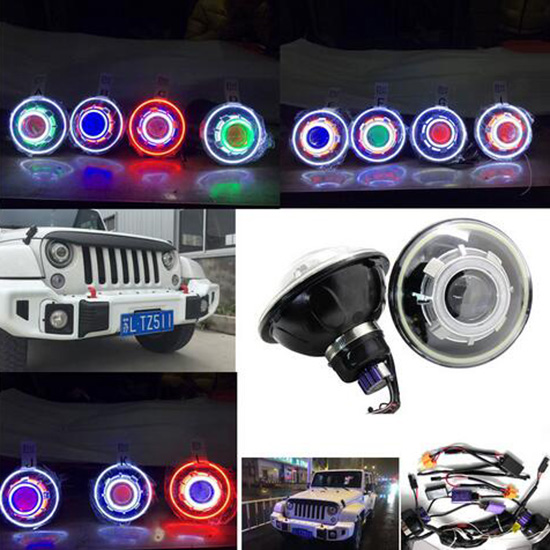 Jeep 7inch 35W RGB Halo HID LED Headlight with Demon Eyes DRL